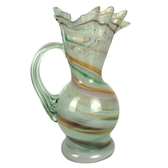 Hand-Blown Art Glass Pitcher Vase With Ruffled Spout & Swirl Pattern 7 inch Tall - Picture 4 of 6